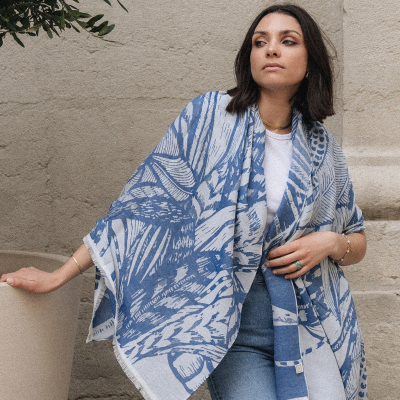 BLUE and WHITE, COTTON and RAYON BLEND STOLE - ARUM