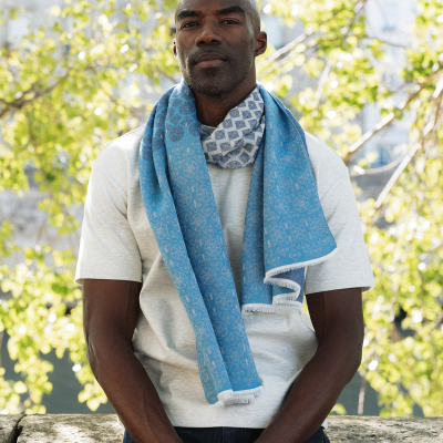 BLUE COTTON LINEN BLEND STOLE - LOGO