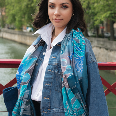 BLUE COTTON SILK BLEND STOLE - TROPICAL JUNGLE