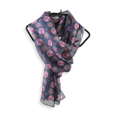 BLUE MARINE SILK PRINTED SCARF - MOTIF SCANDINAVE FLOWERS