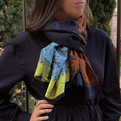 BLUE SKY and BROWN, MERINO WOOL and RAYON BLEND STOLE - JACARANDA