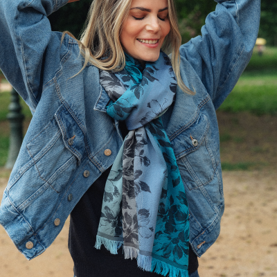 BLUE, WOOL BLEND STOLE - ROMANTIQUE