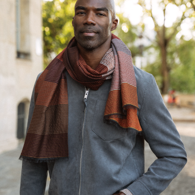 BROWN LEATHER, WOOL BLEND STOLE - KALEIDA