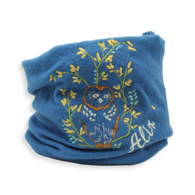 CHILD EMBROIDERED ORGANIC COTTON SCARF BLUE INDIGO - AN HIBOO IN THE TREE