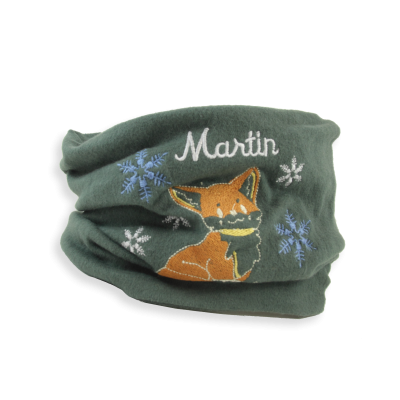 CHILDREN'S EMBROIDERED ORGANIC COTTON KHAKI GREEN COLORED SCARF - THE LITTLE SNOW FOX