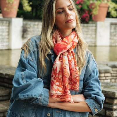 CORAL SILK COTTON BLEND SCARF - FLOWERS