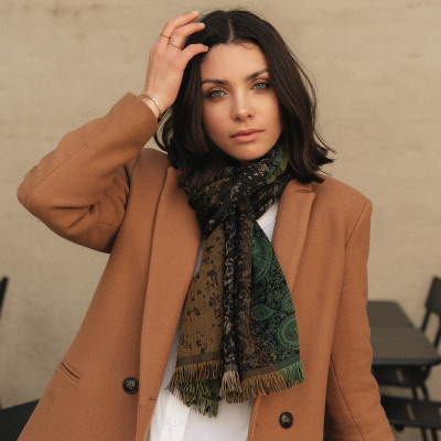 COTTON and SILK BLEND BLACK and GREEN SCARF - MUMBAY