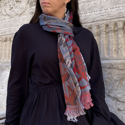 DENIM BLUE and RED, SILK and COTTON BLEND STOLE - SAVANE