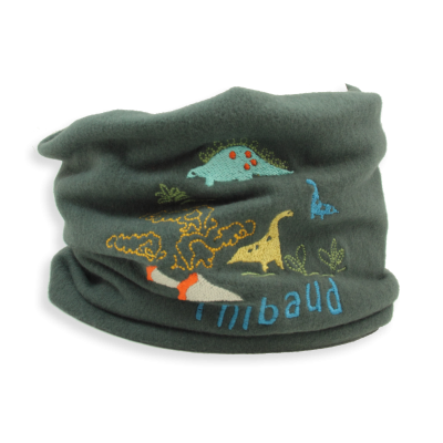 ECHARPE ENFANT BRODEE COTON BIO KAKI - MES AMIS LES DINOSAURES 
