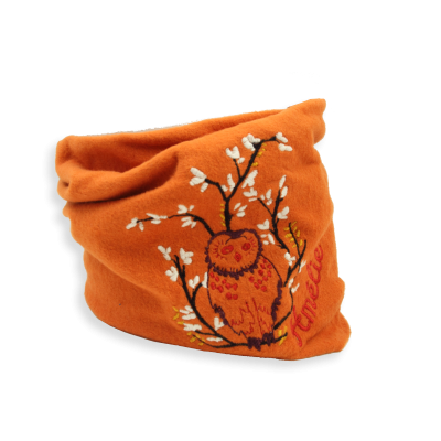 ECHARPE ENFANT BRODEE COTON BIO ORANGE HALLOWEEN - UN HIBOU DANS L'ARBRE