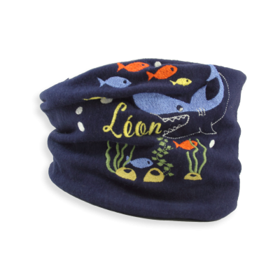 EMBROIDERED CHILDREN'S SCARF NAVY BLUE IN ORGANIC COTTON - A SHARK IN THE OCEAN