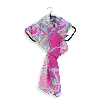 FOULARD SOIE IMPRIMEE ROSE FUCHSIA - MOTIF BELLE FLEUR