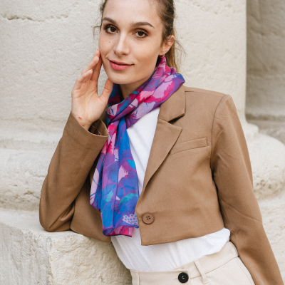 FOULARD SOIE IMPRIMEE VIOLET TURQUOISE - MOTIF PIVOINE
