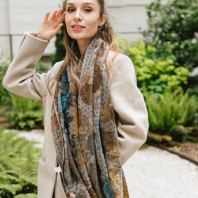 GOLDEN and TURQUOISE, MERINO WOOL and SILK BLEND STOLE - FLOWER POWER