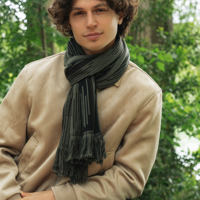 KHAKI and BLACK, MERINO WOOL and RAYON SCARF - NEON