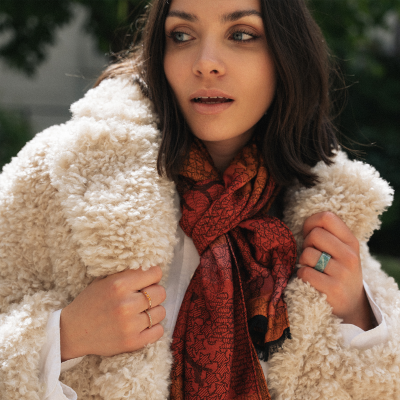 ORANGE, MERINO WOOL and RAYON BLEND SCARF - OLIVIER