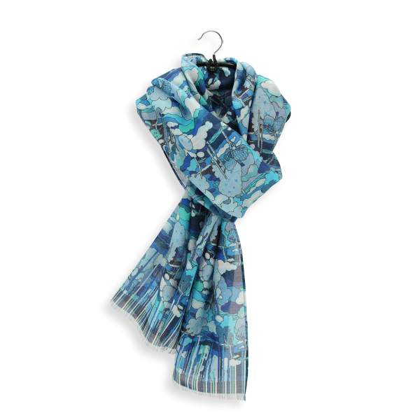 Blue-women's-cotton-silk-scarf-Paysage