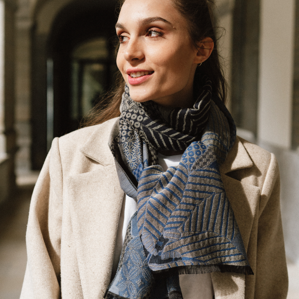 Denim blue-gray-silk-wool-unisex-stole-Amour