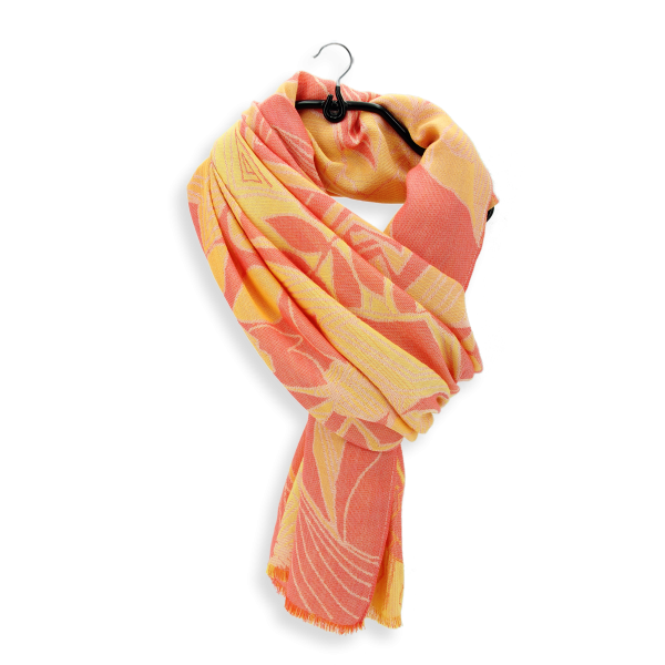 Etole-femme-coton-lin-orange-jaune-fleurs tropicales