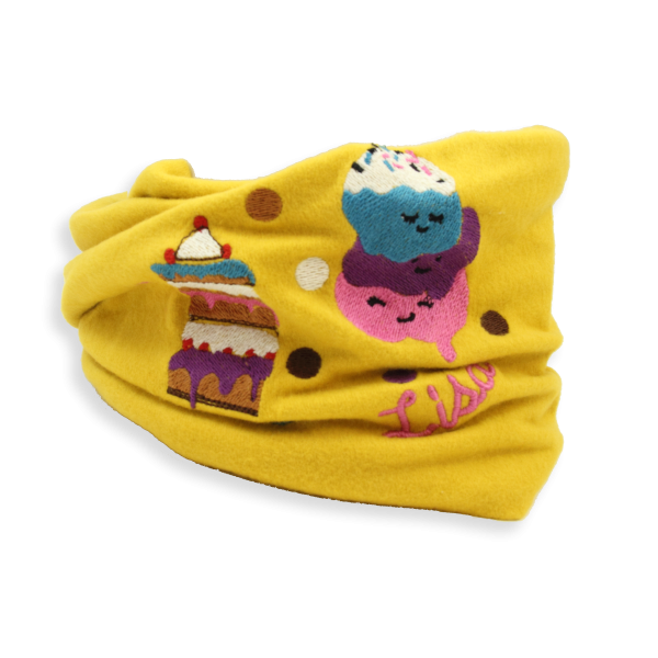 Yellow-organic-cotton-cake-embroidered-children’s-scarf
