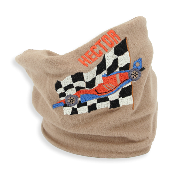 Beige-organic-cotton-racing car-embroidered-children’s-scarf