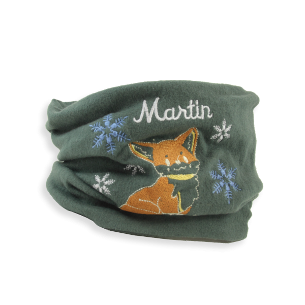 Khaki-green-organic-cotton-fox-embroidered-children’s-scarf