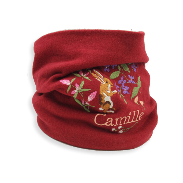 Dark red-organic-cotton-rabbit-embroidered-children’s-scarf