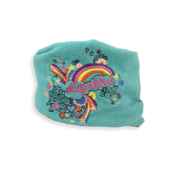 Turquoise-organic-cotton-rainbow-embroidered-children’s-scarf