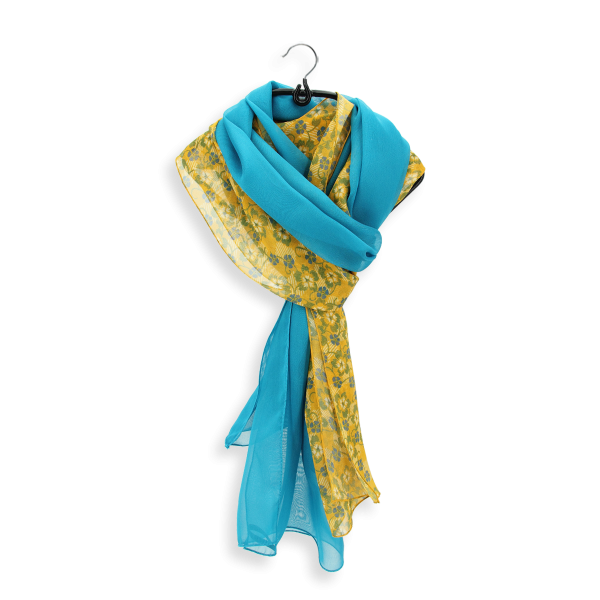 Duo-foulards-femme-soie-unie-paon-imprimée-ocre