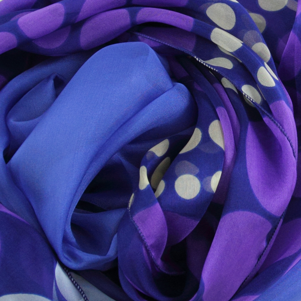 Foulard-femme-soie-duo-imprimé-pois-violet-uni-bleu