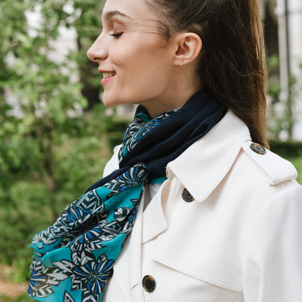 Duo-soie-foulard-femme-imprimé-fleur-tropiques-turquoise-marine
