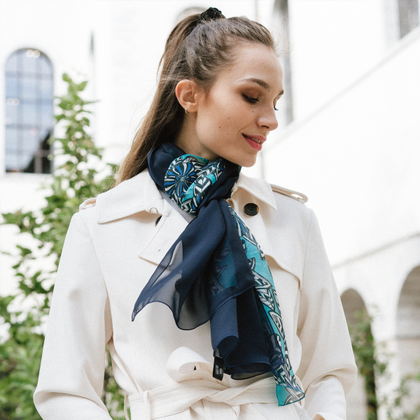 Duo-soie-foulard-femme-imprimé-fleur-tropiques-turquoise-marine