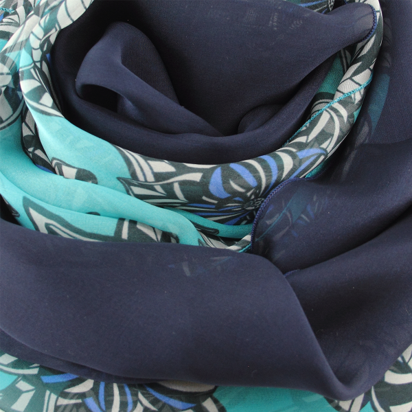 Duo-soie-foulard-femme-imprimé-fleur-tropiques-turquoise-marine