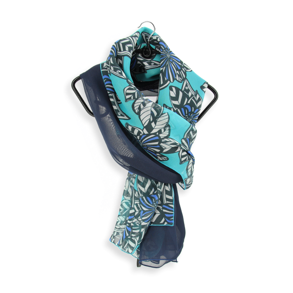 Duo-soie-foulard-femme-imprimé-fleur-tropiques-turquoise-marine