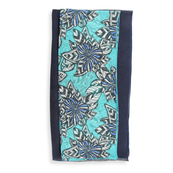 Duo-soie-foulard-femme-imprimé-fleur-tropiques-turquoise-marine