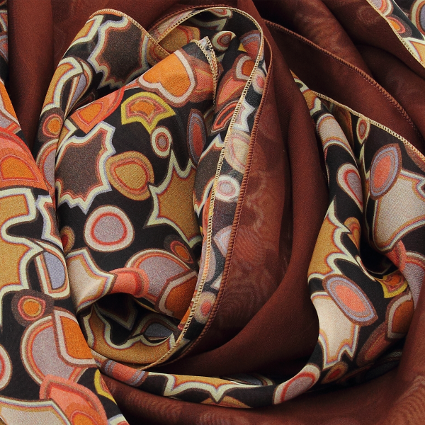 Duo-soie-foulard-femme-uni-marron-imprimé-ocre-Puzzle