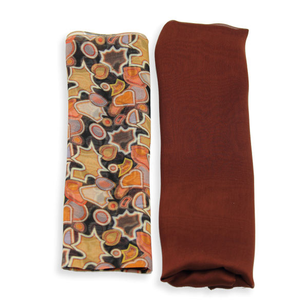 Duo-soie-foulard-femme-uni-marron-imprimé-ocre-Puzzle