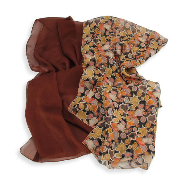 Duo-soie-foulard-femme-uni-marron-imprimé-ocre-Puzzle