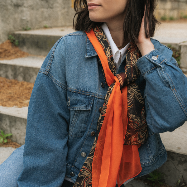 Duo-foulard-femme-soie-imprimé-uni-orange-Vision