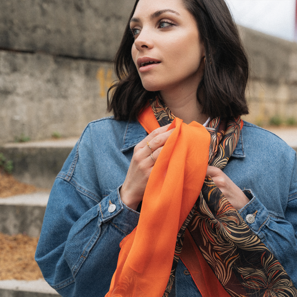 Duo-foulard-femme-soie-imprimé-uni-orange-Vision