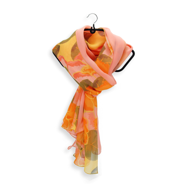 duo-de-soie-femme-echarpe-imprimé-fleur-pivoine-jaune-foulard-rose pèche