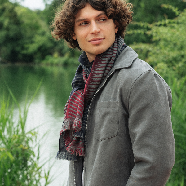 Echarpe-homme-cachemire-laine mérinos-soie-gris-rouge-Classique