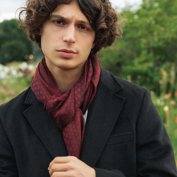 Echarpe-homme-cachemire-soie-coton-rouge-Losange