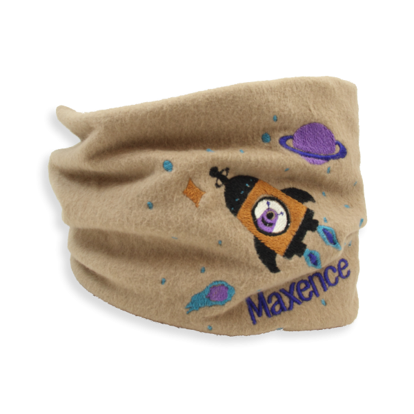 Echarpe-enfant-brodée-fusée-extraterrestre-coton-biologique-beige