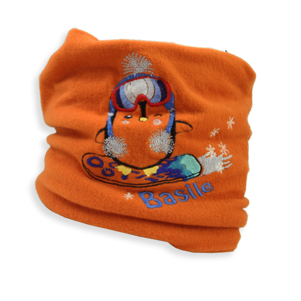 Echarpe-enfant-coton-bio-brodée-pingouin-orange