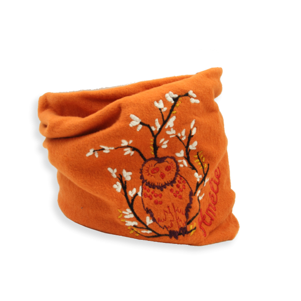 Echarpe-enfant-brodée-hibou-coton-biologique-orange-halloween
