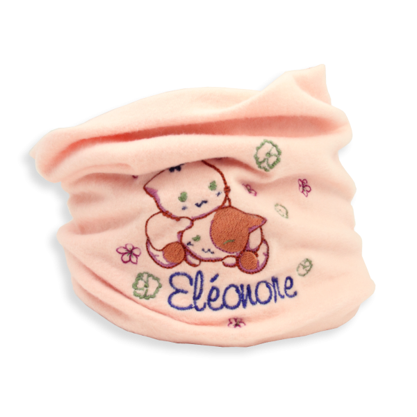 Echarpe-enfant-brodée-chaton-coton-biologique-rose-poudre