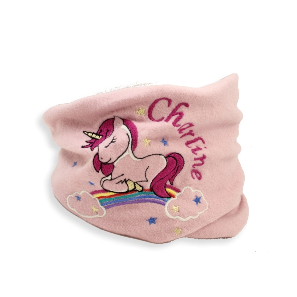 Echarpe-enfant-coton-biologique-rose-brodée-licorne