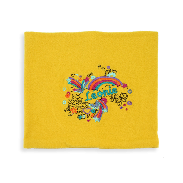 Echarpe-enfant-coton-bio-brodée-arc-en-ciel-jaune