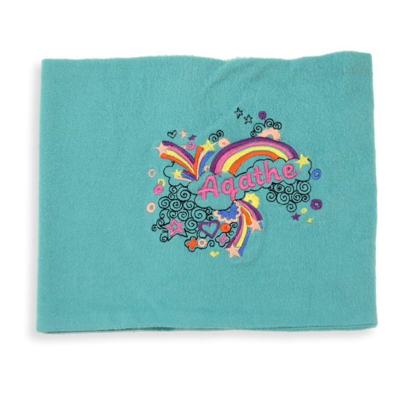 Echarpe-enfant-turquoise-coton-bio-brodée-arc-en-ciel